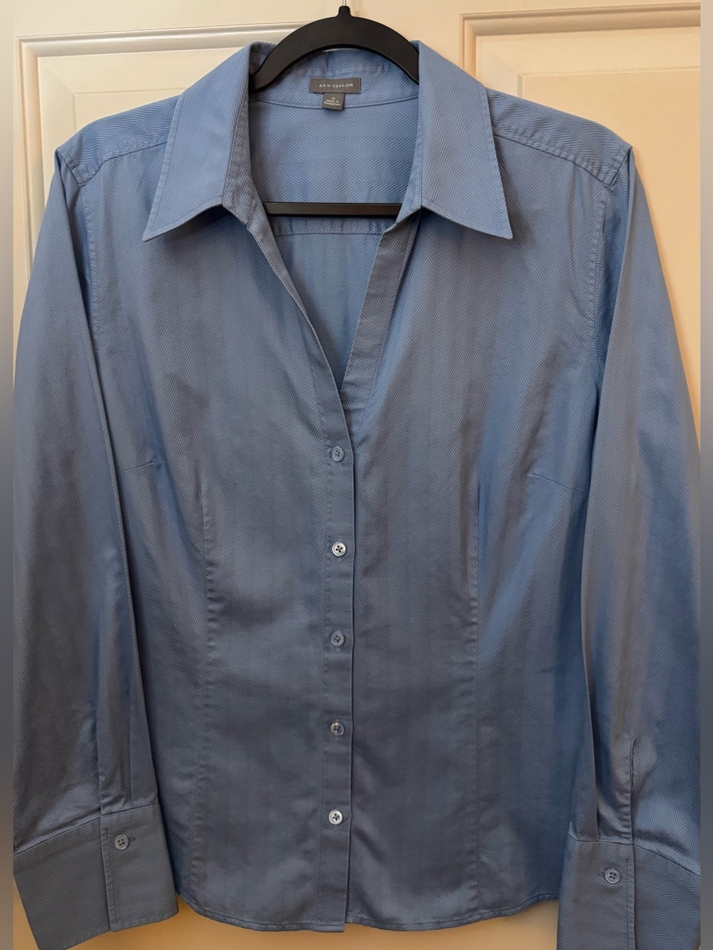 Ann Taylor Shirt 100% Cotton Blue Long-Sleeve Button-Down Size -14